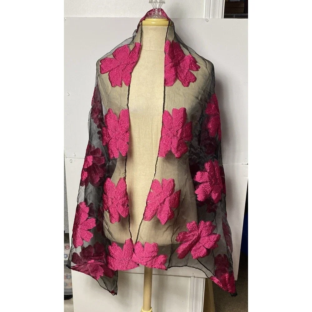 Silk Organza Embroidered Floral Scarf 66”x27”